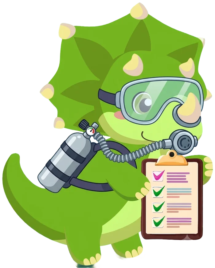 Dinosaurio buzo con tanque de oxígeno y su lista de revisión