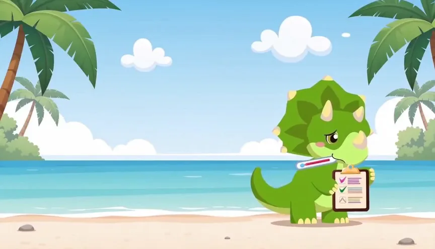Dinosaurio con termómetro y expediente médico en una playa, ilustración del cirujano Pediatra en Puebla