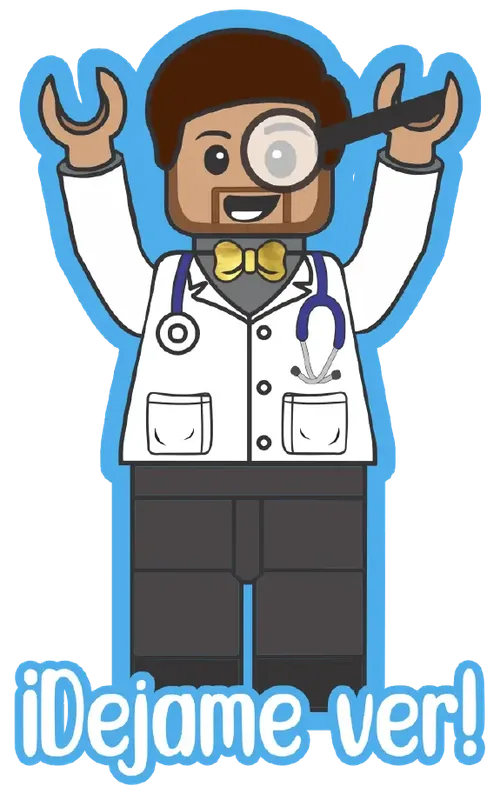 Sticker del Dr. Pastor estilo bloque con lupa diciendo ¡Déjame ver!