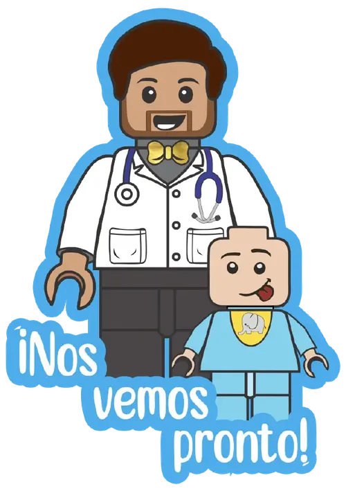Sticker del Dr. Pastor estilo bloque con un bebé diciendo ¡Nos vemos pronto!